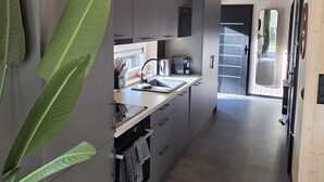 Eine moderne Küche mit grauen Schränken, einer Arbeitsplatte und einem Spülbecken. Links steht eine große Pflanze und ein Durchgang zu einem weiteren Raum.