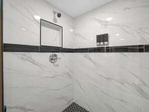 Hair dryer, towels, soap, toilet paper