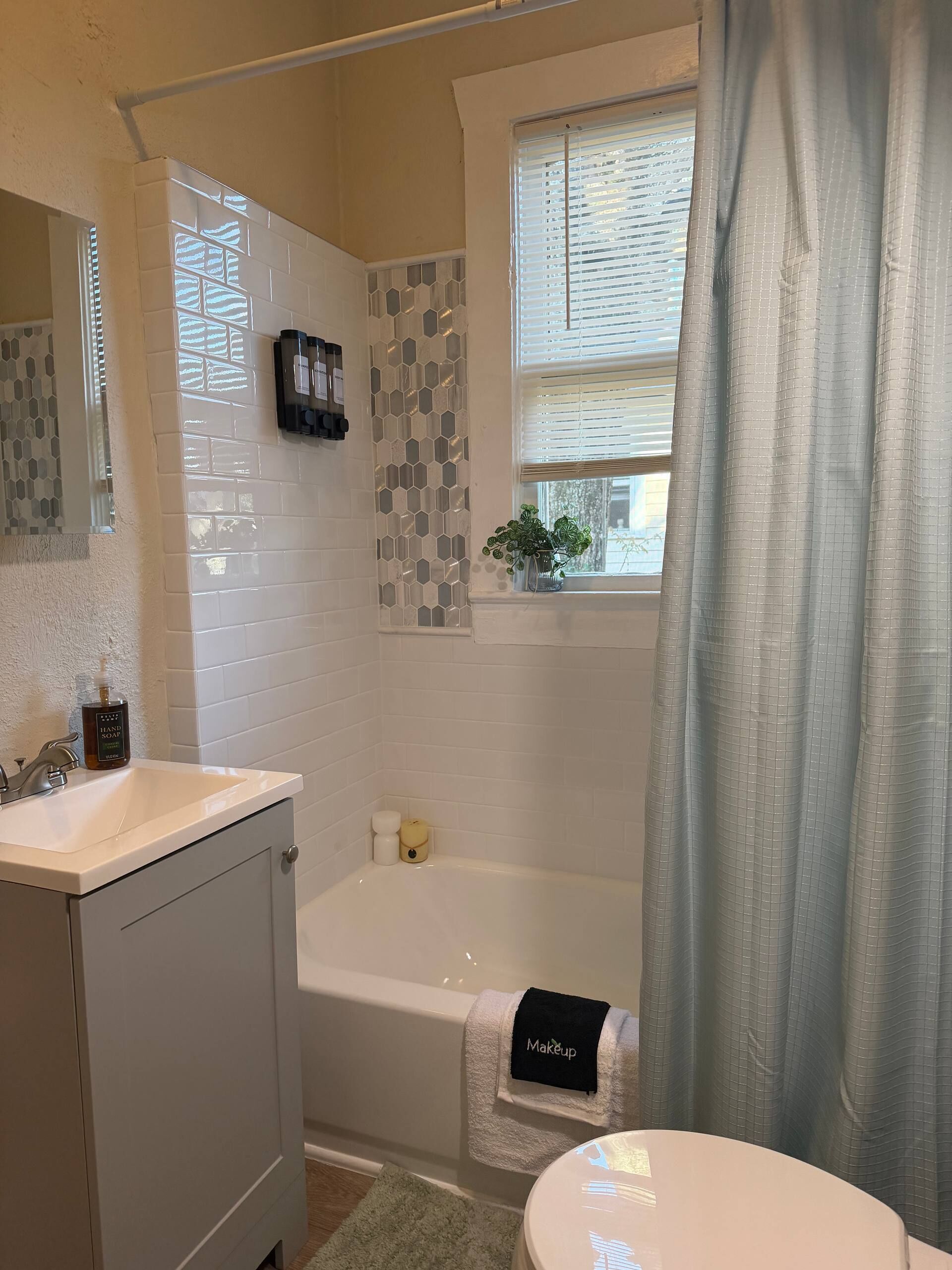 Hair dryer, towels, soap, shampoo