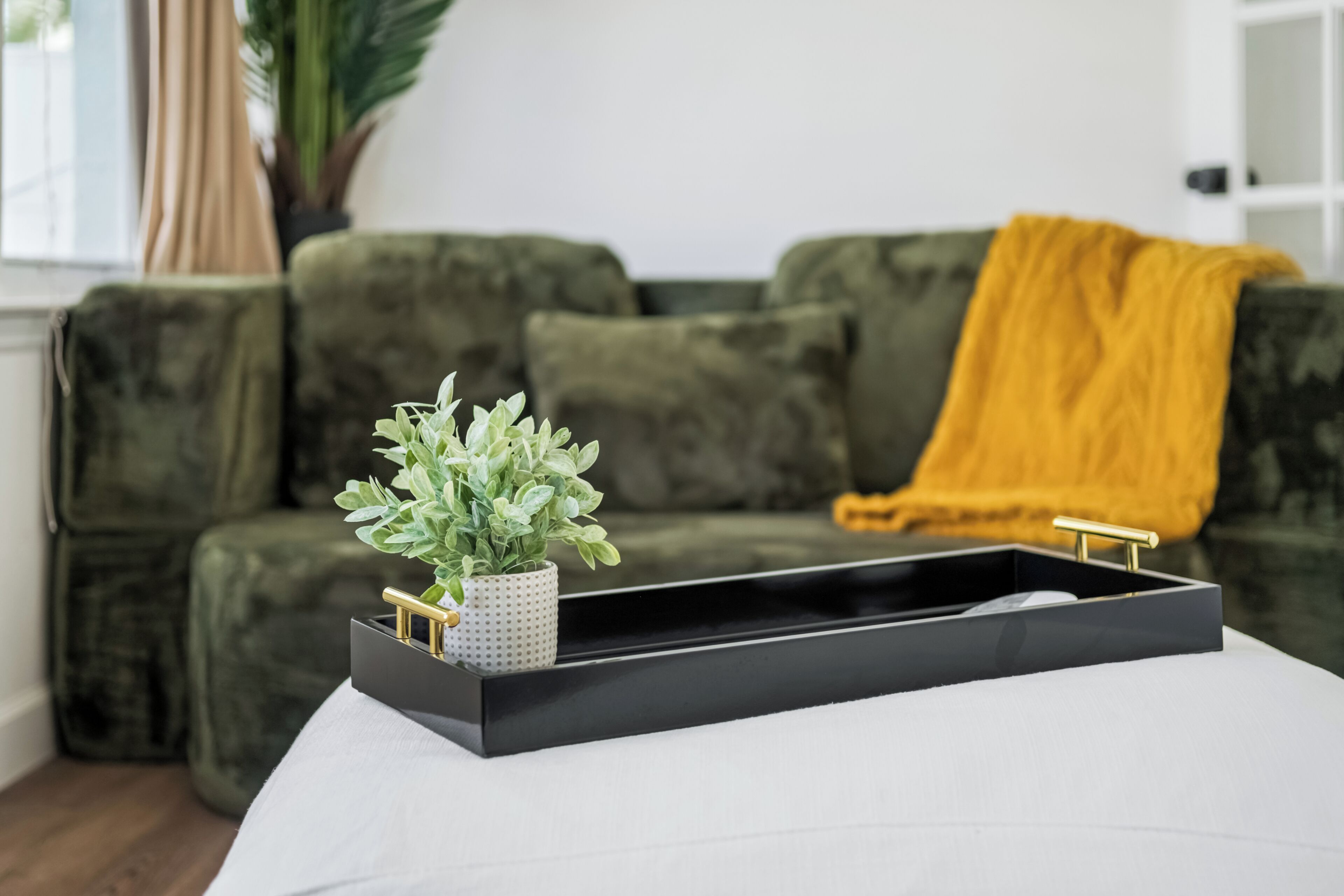 A living room with a green sofa, a white table, a black tray, and a small potted plant.