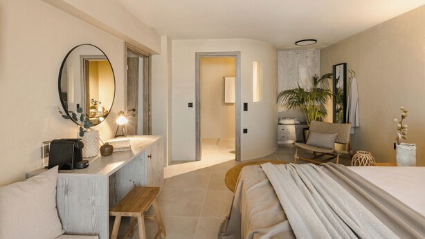 Una habitación de hotel moderna con una cama, un escritorio, una silla, un espejo y una planta.