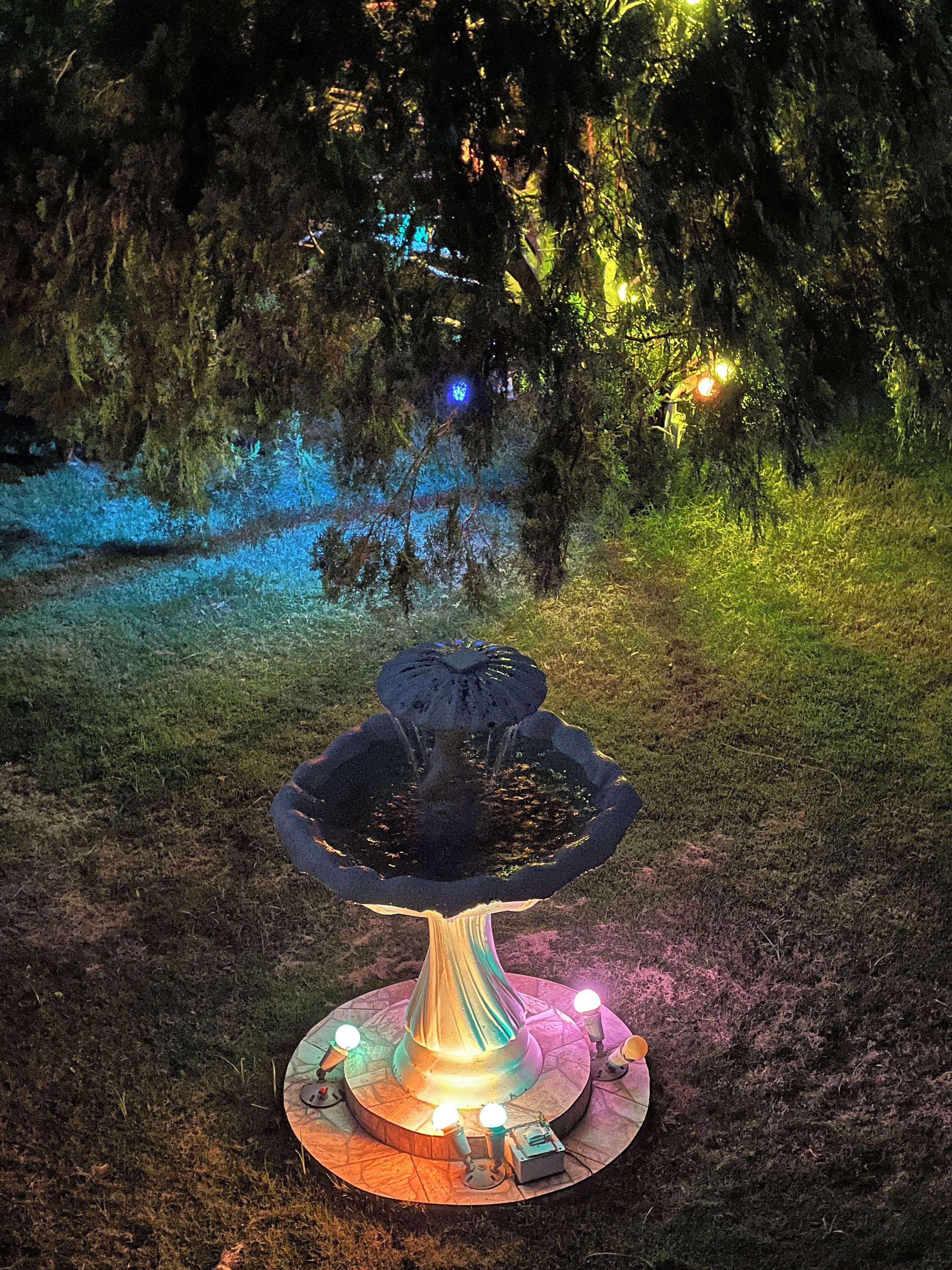 A garden fountain with a circular basin and a pedestal base, surrounded by grass and trees.