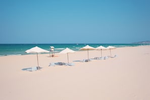 Una playa con hileras de sombrillas y sillas de descanso.