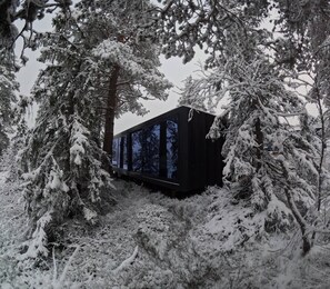 A cabin surrounded by snow-covered trees.