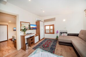 Ett kompakt bostadsutrymme med ett litet kök, en soffa, en TV och en mönstrad matta.
