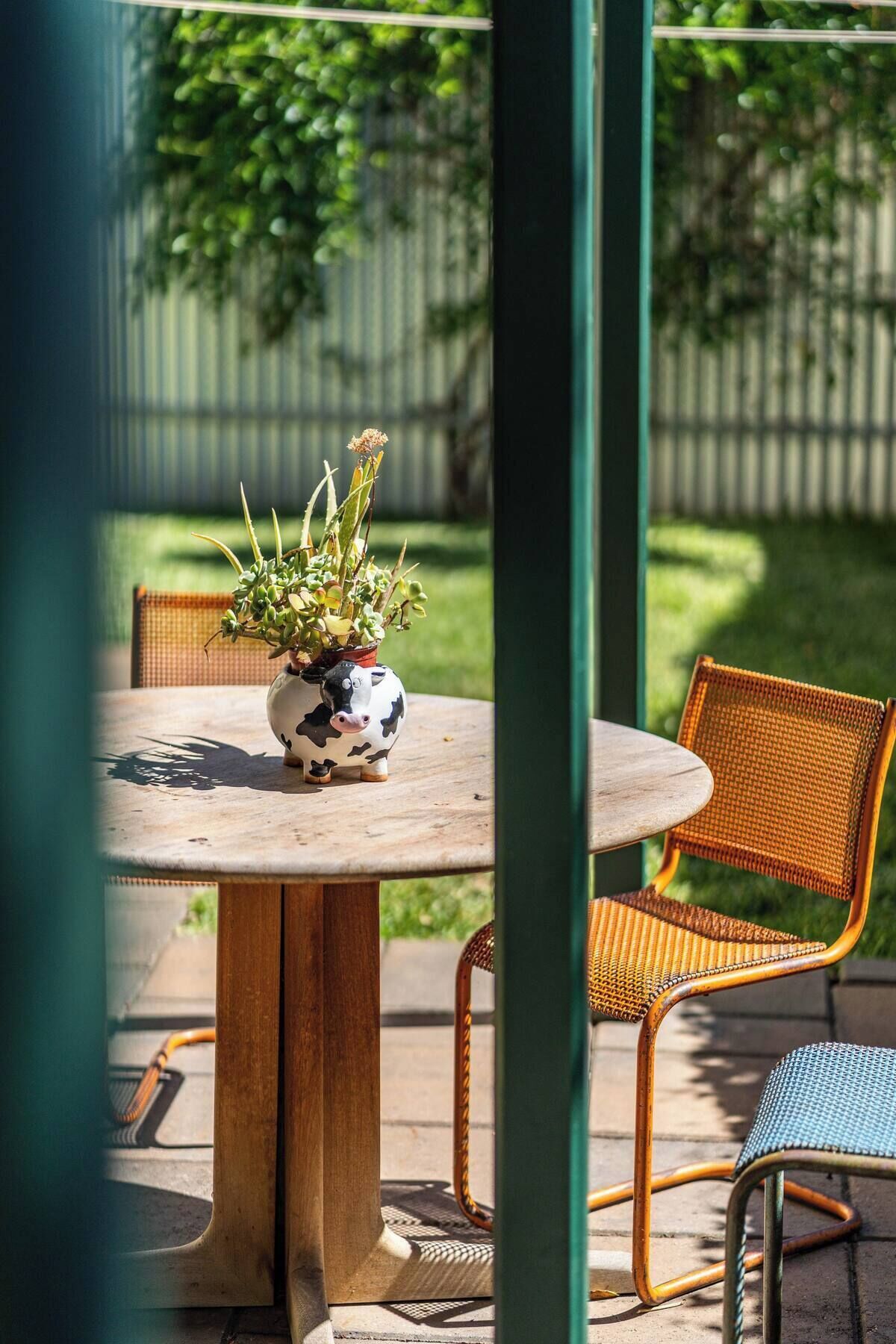 Una mesa redonda de madera con una maceta con forma de vaca, una silla de mimbre y una silla azul en un patio al aire libre.
