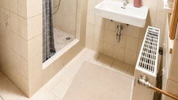 Baño con ducha, lavamanos, espejo y radiador.