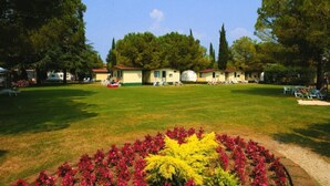 Um hotel com gramado, área de estar externa e árvores.