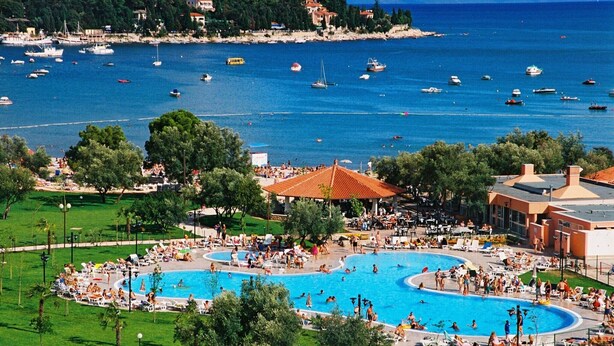 A large outdoor swimming pool with multiple lanes, surrounded by lush green trees and a view of the sea with boats. - Mobile home in Rabac with shared pool (Rabac)