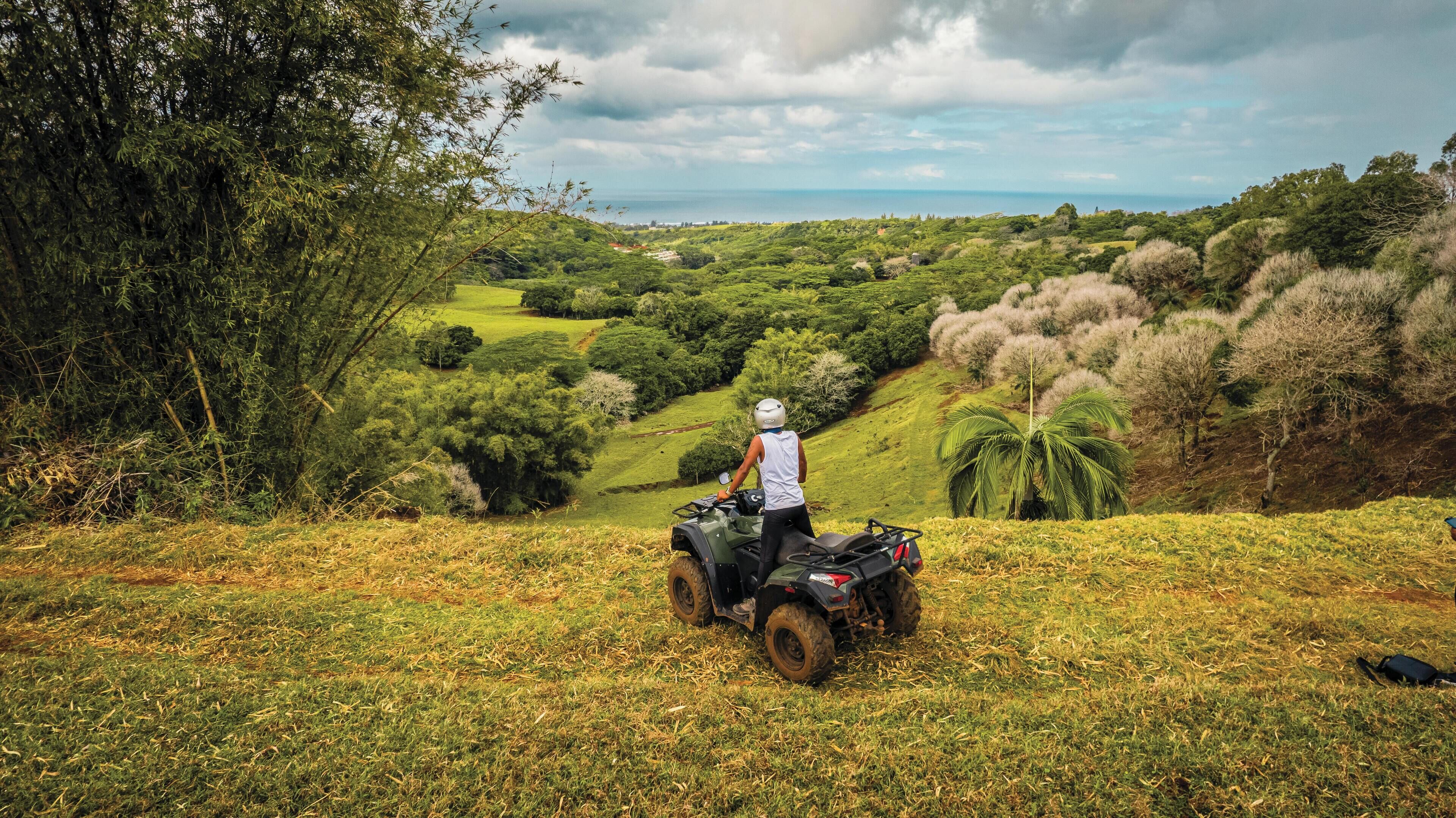 A person on an ATV in a grassy area with trees and a view of the ocean.