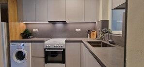 A modern kitchen with built-in appliances, a washing machine, and a sink.