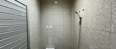 Shower, towels, soap, shampoo