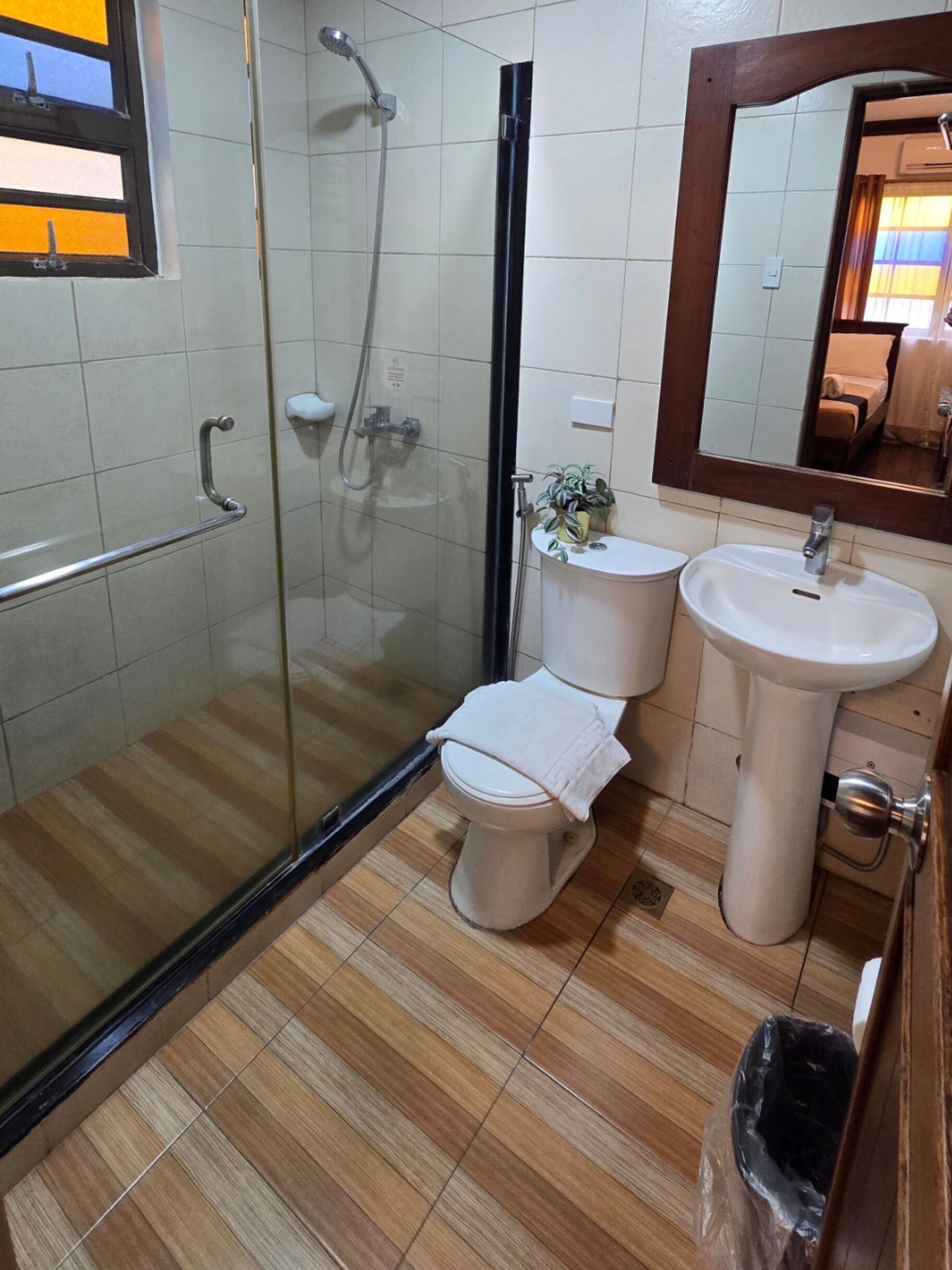 Bidet, towels, soap, toilet paper