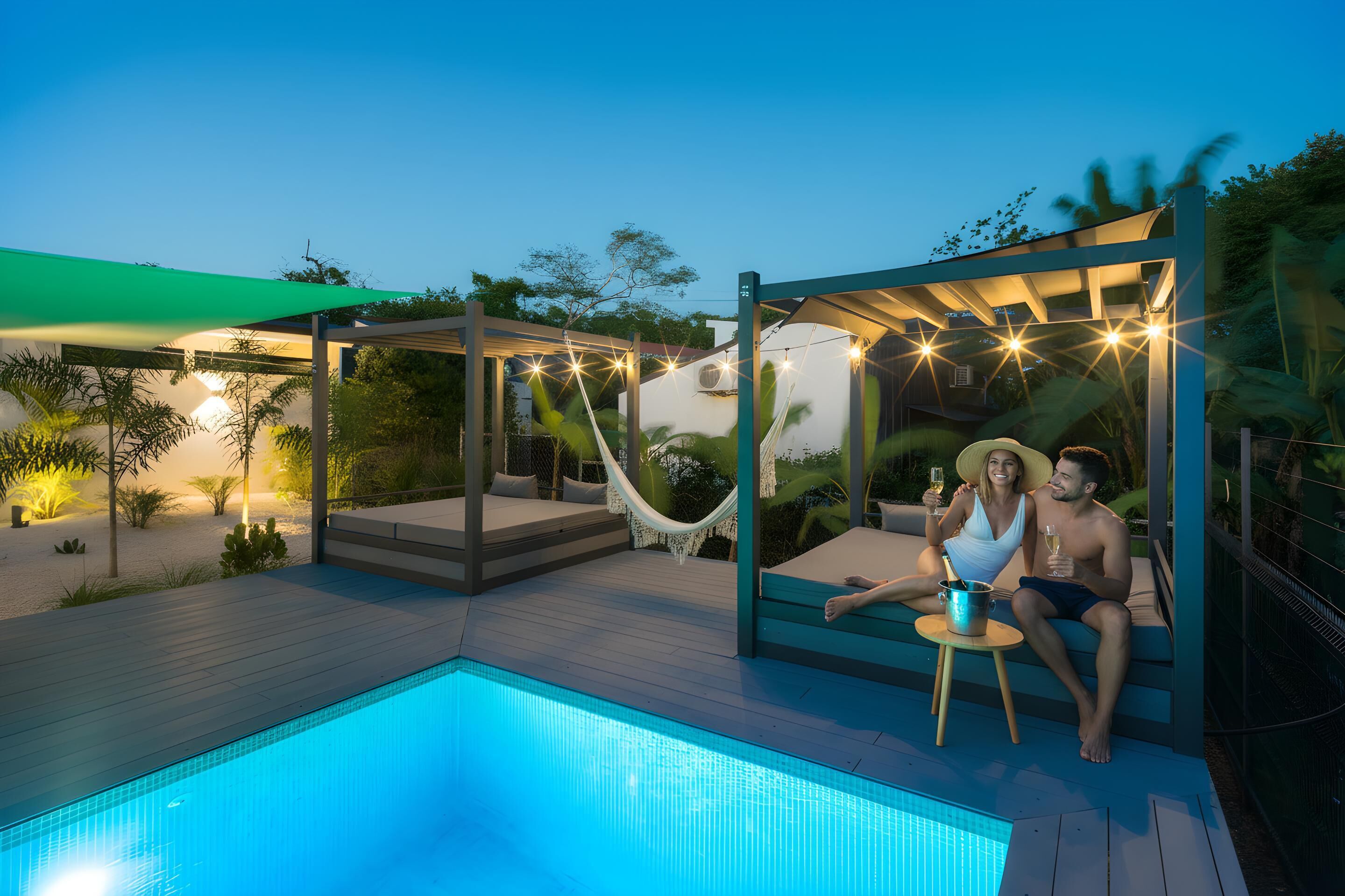 Una pareja descansando junto a una piscina con una hamaca y luces colgantes, rodeada de follaje.