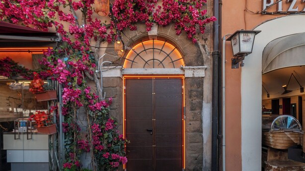 A building entrance with a large wooden door, a stone archway, and pink flowering vines. - Stylish 2-Bedroom Stays near Colosseum (Rome)