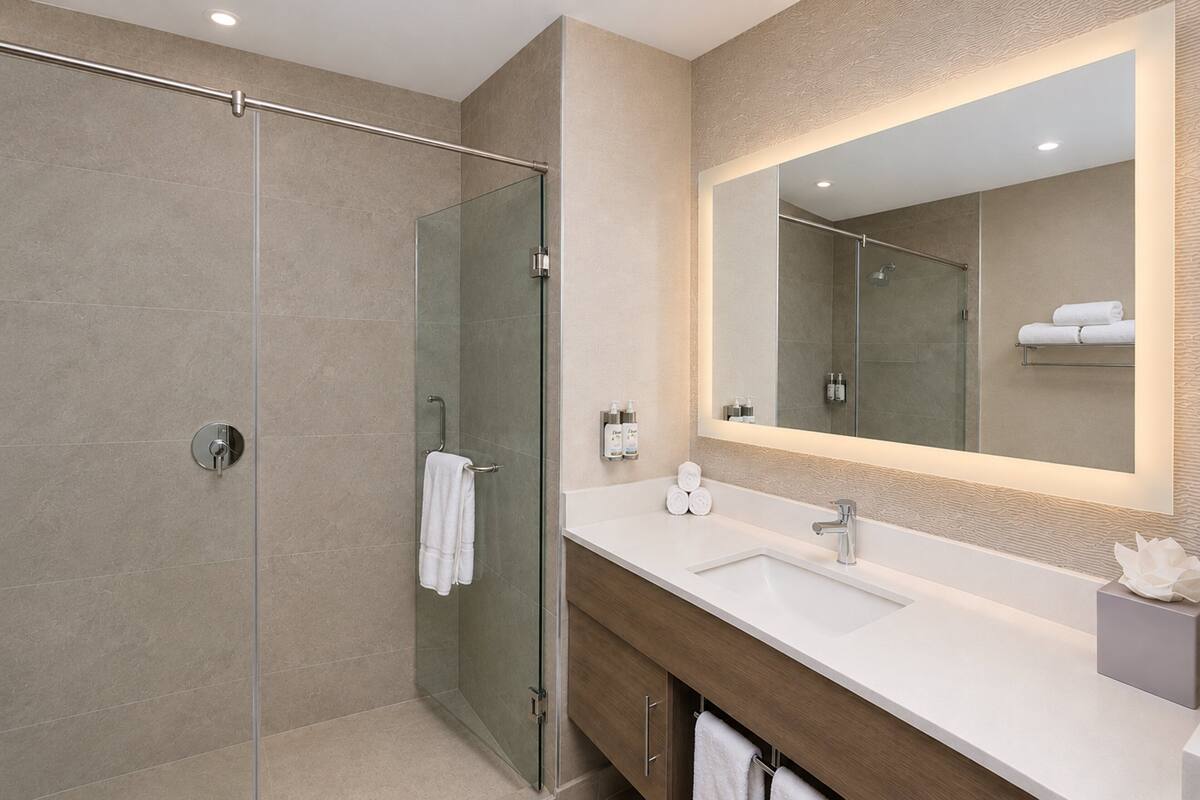 A modern bathroom with a glass-enclosed shower, a large mirror, and a vanity with a sink and towel rack.