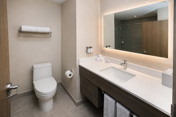 Un bagno moderno con servizi igienici, lavabo, specchio e porta asciugamani.