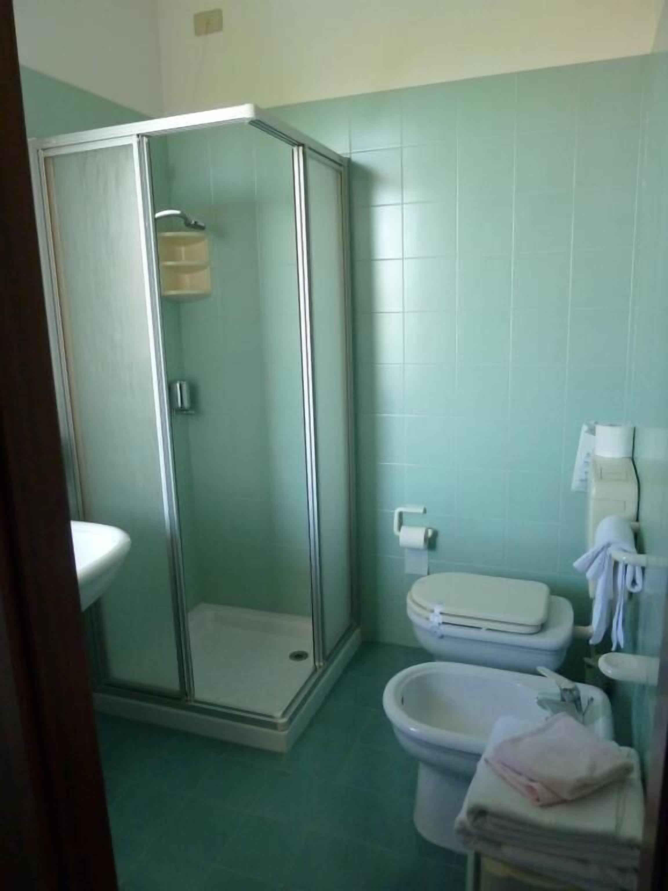 A bathroom with a glass-enclosed shower, a toilet, and a bidet.