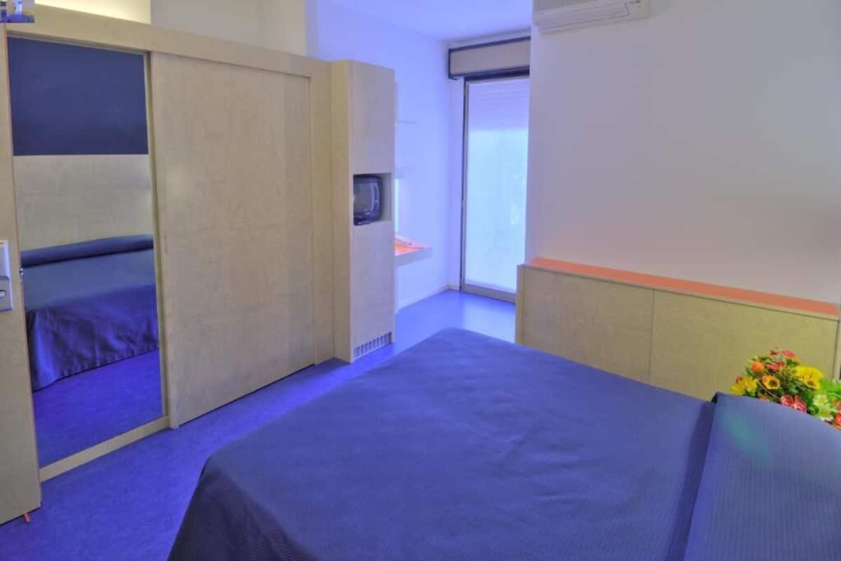 Une chambre d’hôtel avec un lit, une télévision, une fenêtre et une petite table sur laquelle est posé un vase de fleurs.