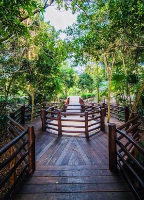A wooden bridge with a circular railing, surrounded by dense green foliage. - CASA PRINCE, private pool, 4 bedrooms (Puerto Morelos)