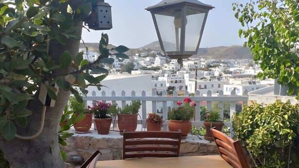 Une terrasse avec une table et des chaises, des plantes en pot et une vue sur un ensemble de bâtiments blancs.