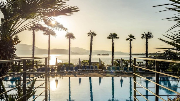 A poolside area with lounge chairs and palm trees, overlooking a body of water and distant mountains. - Residence Onda Blu Bilo BB (Manerba del Garda)