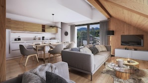 Un loft moderno con cocina, comedor y sala de estar.