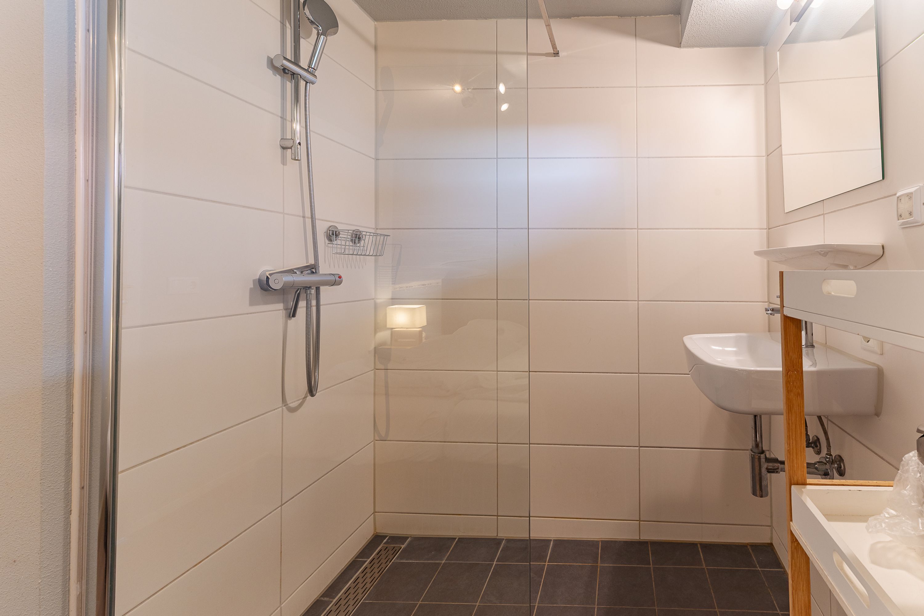 Une salle de bain moderne avec une douche, un lavabo et un miroir.