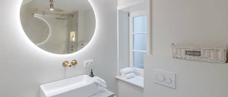 Shower, hair dryer, soap