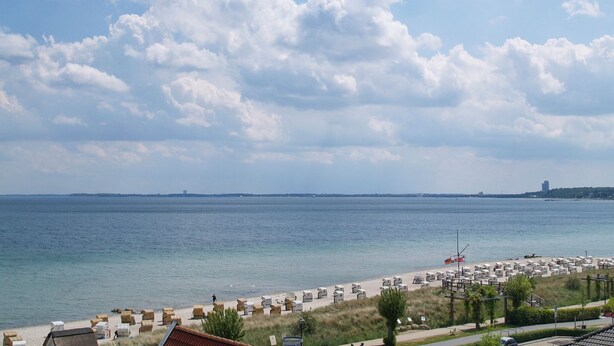 Een strand met rijen ligbedden, een heldere lucht en een rustige zee.