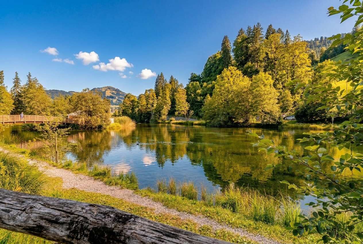 Un paysage paisible au bord d’un lac, avec un sentier bien défini menant à un pont en bois, le tout entouré d’une végétation luxuriante et d’arbres dont le reflet se mire dans l’eau calme.