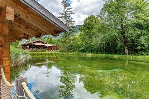 Une cabane en bois avec vue sur un étang et une forêt.