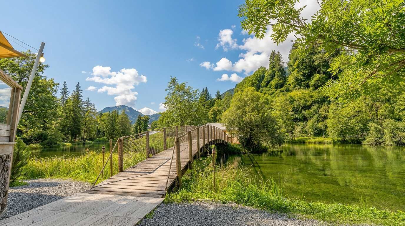A wooden bridge over a calm river, surrounded by lush greenery and trees.