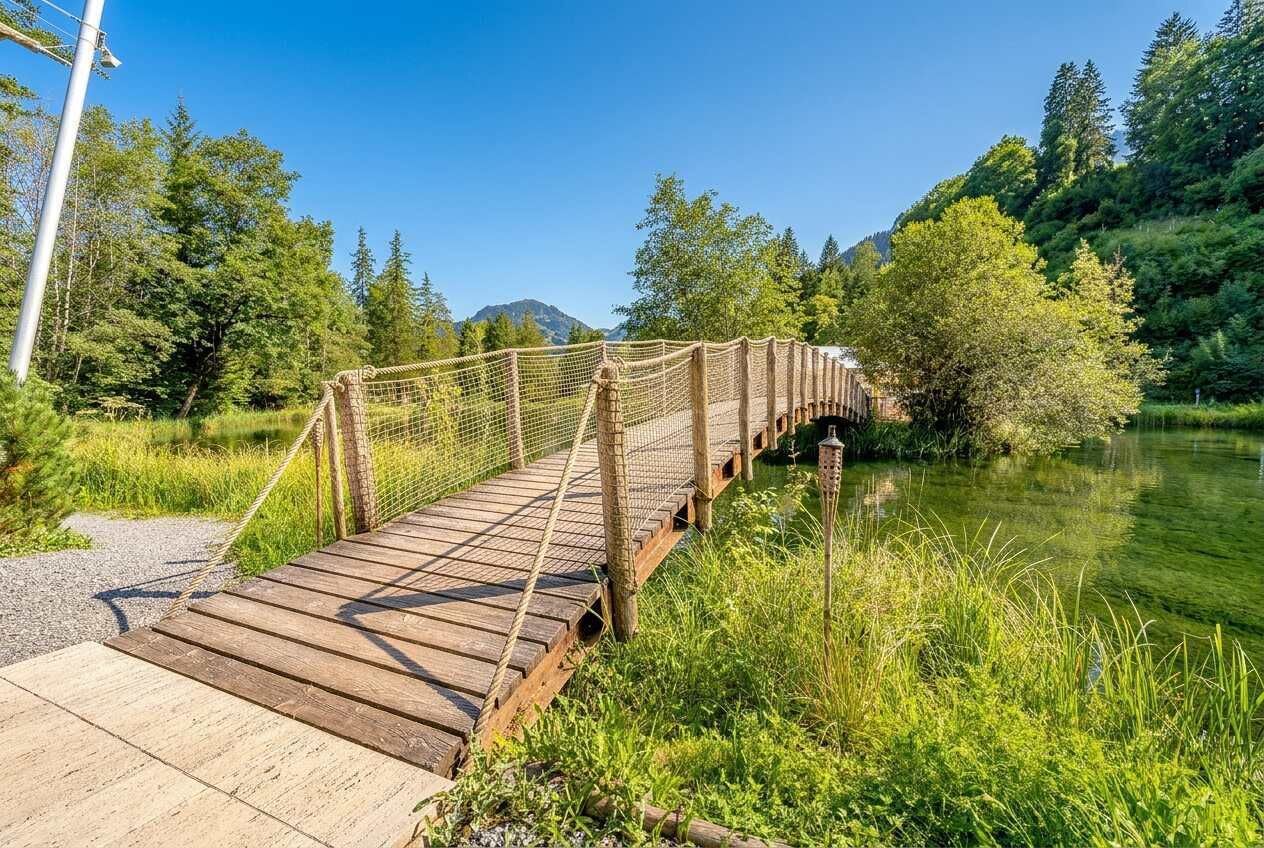 Un pont en bois, muni d’une barrière en corde, enjambe une rivière paisible, le tout étant entouré d’une végétation luxuriante et d’arbres.