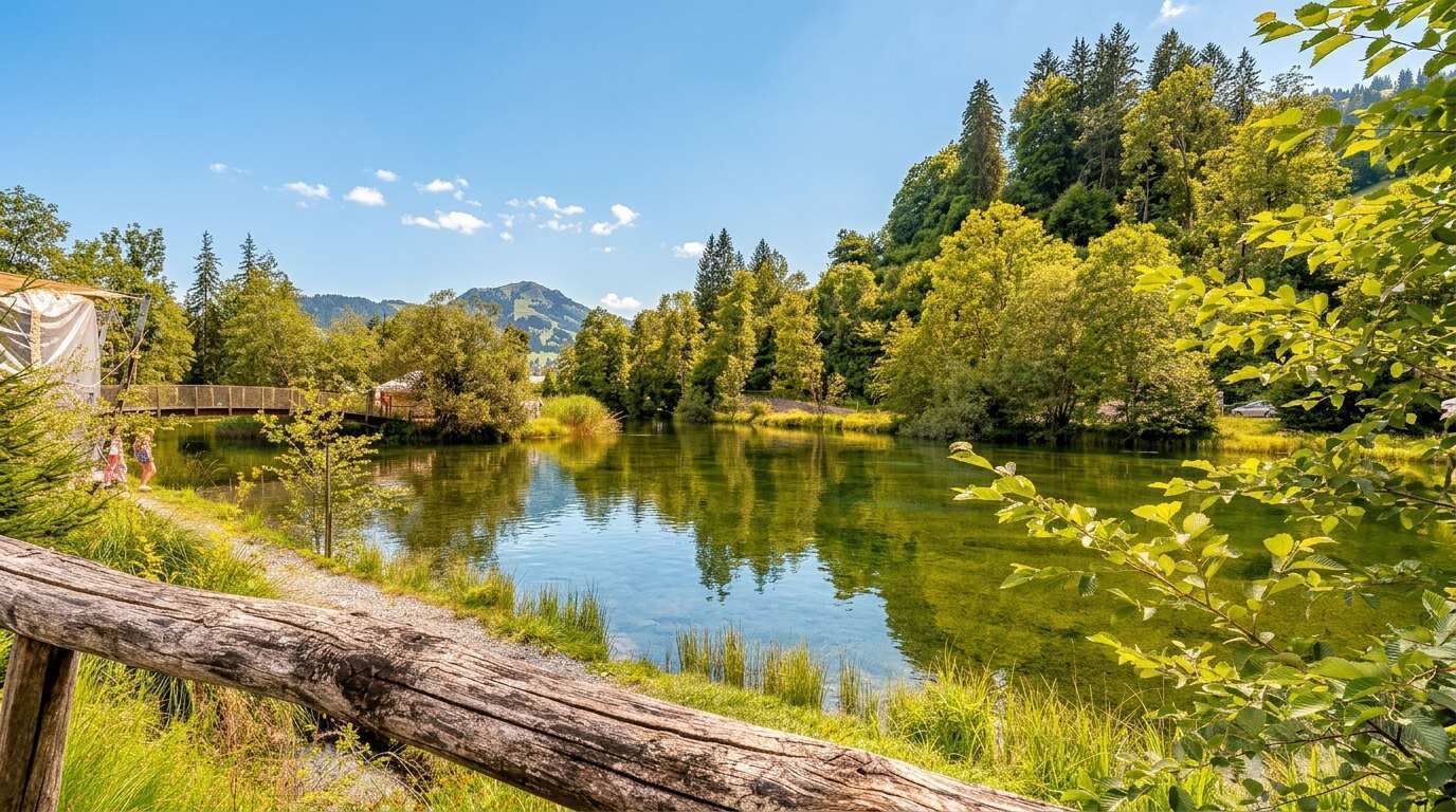A serene lake surrounded by lush greenery and a wooden bridge.