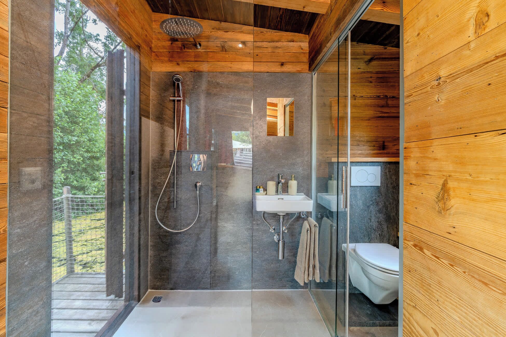 Shower, hair dryer, towels, shampoo