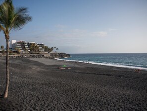 Ein Strand mit felsiger Küste, Palmen und einem Gebäude mit mehreren Balkonen mit Blick auf den Ozean.
