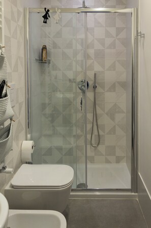 Regadera, bidet, toallas, jabón 