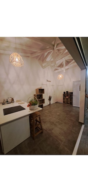 A spacious kitchen with a large island, wooden shelves, and pendant lighting. - Villa Mar'ana Beaches 5 min walk (Sainte-Anne)