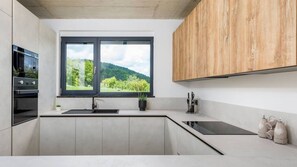 A modern kitchen with a large window, a built-in oven, and a wooden cabinet. - Butoniga Hills by Villas Guide (Pazin)