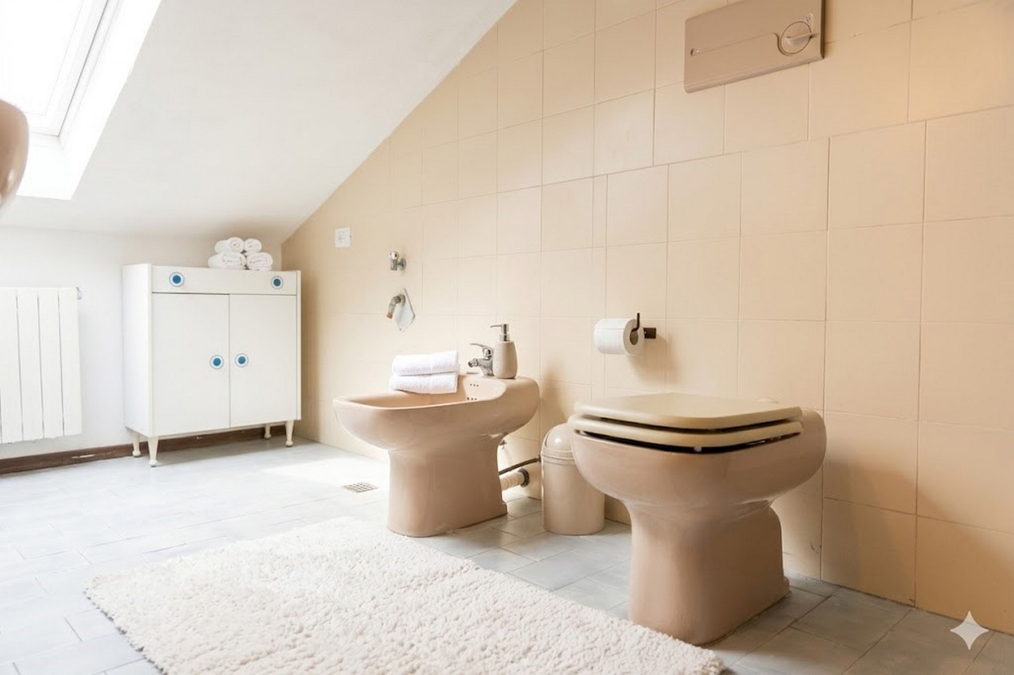 A bathroom with a bidet, toilet, and a cabinet with towels.