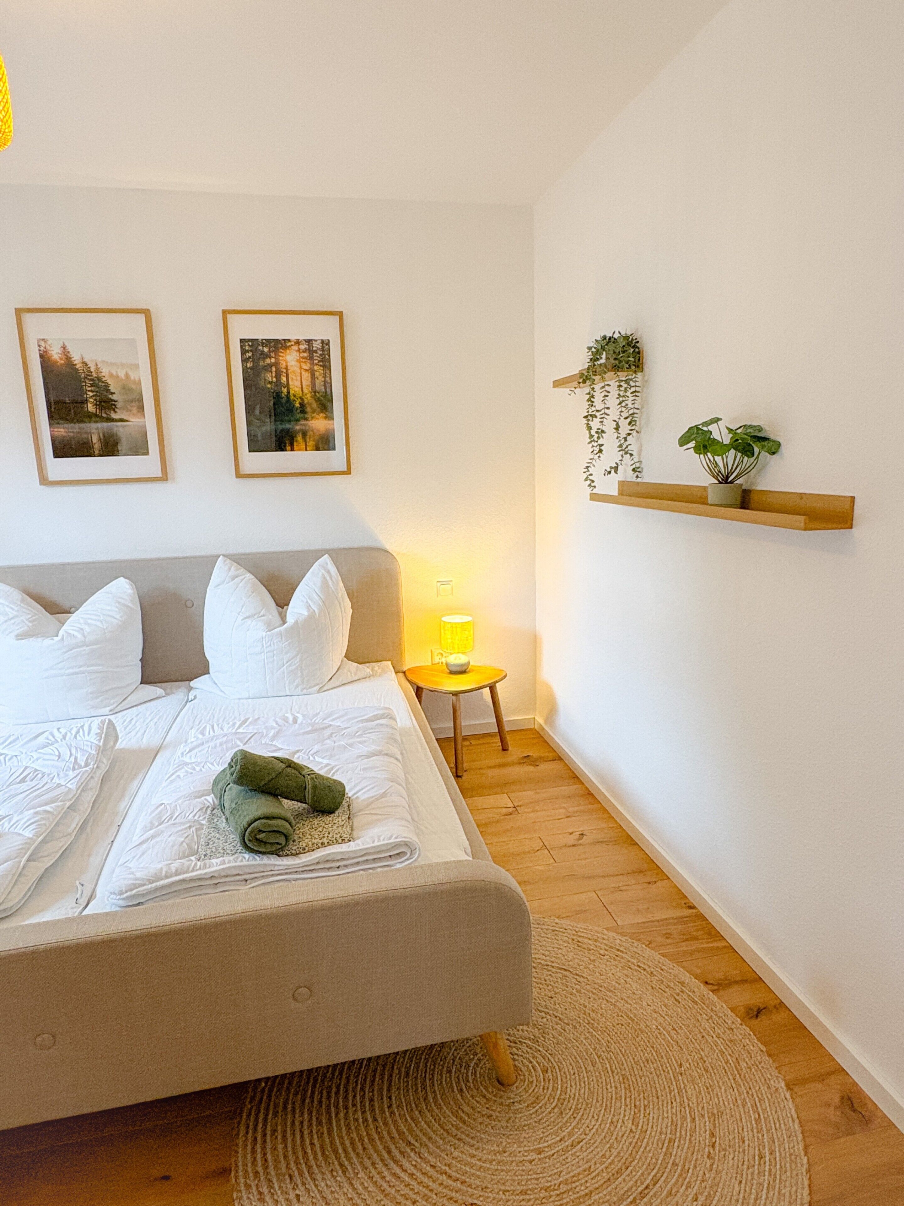 Een slaapkamer met een bed, kussens, een nachtkastje met een lamp, een wandplank met een plant, en twee ingelijste foto’s aan de muur.