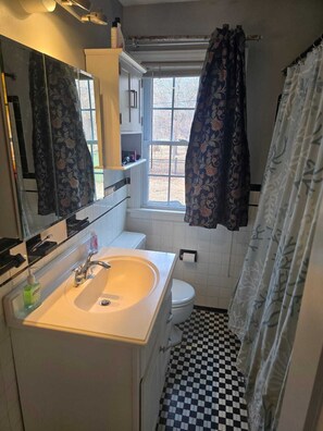 A bathroom with a white sink, a toilet, and a window.