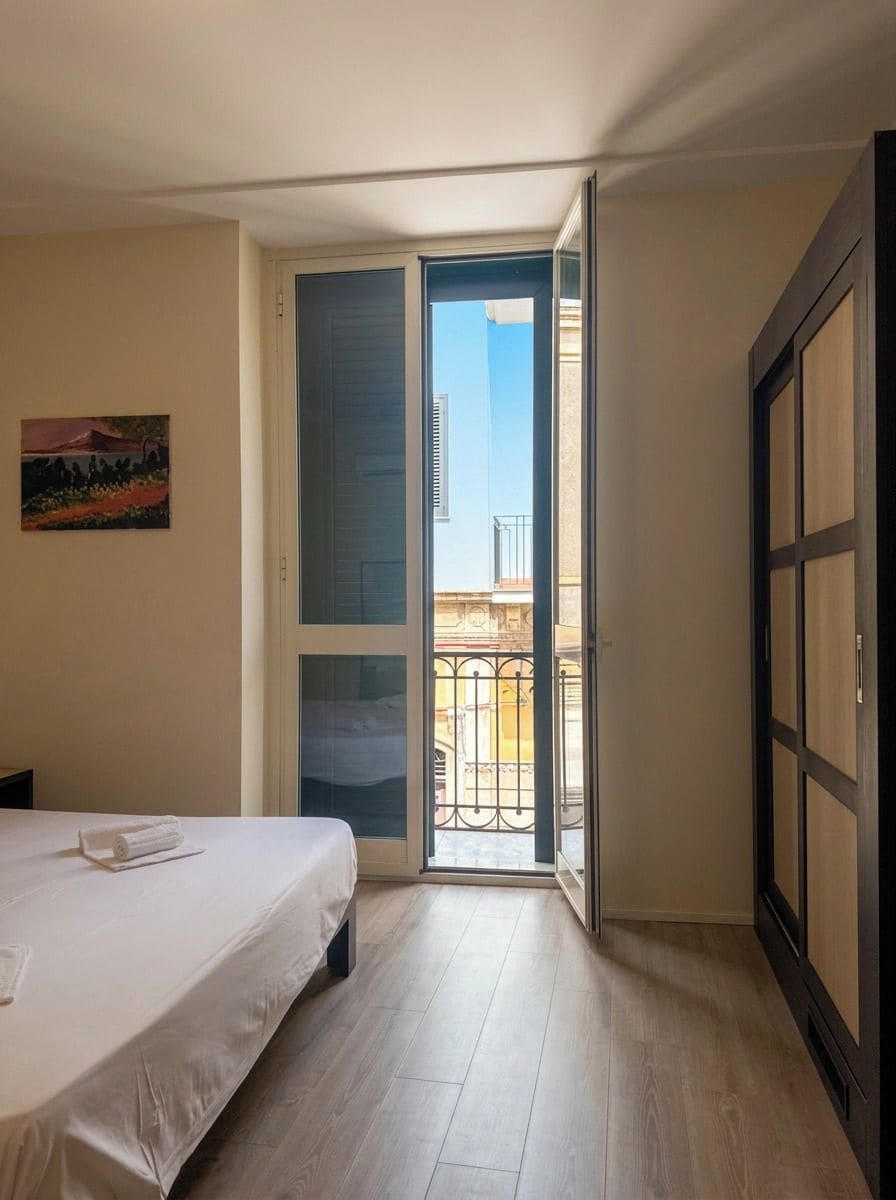 Ein Schlafzimmer mit Bett, einem Bild an der Wand und einem Balkon mit Blick auf Gebäude.