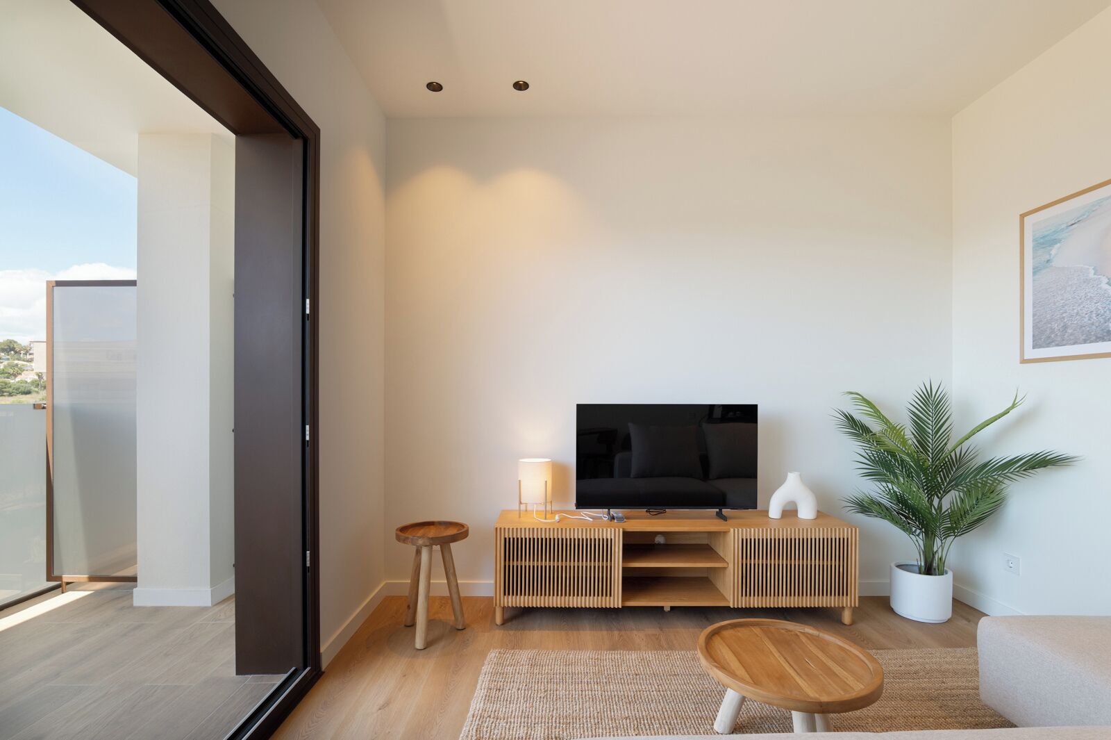 Een moderne woonkamer met een televisie, houten meubels, een plant en uitzicht door een glazen deur.