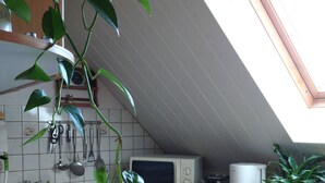 Una cocina con encimera de madera, microondas, cafetera y una planta en maceta.