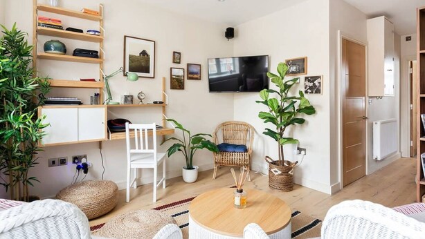 Een moderne woonkamer met een houten boekenkast, een flatscreen-televisie, rieten meubels en potplanten.