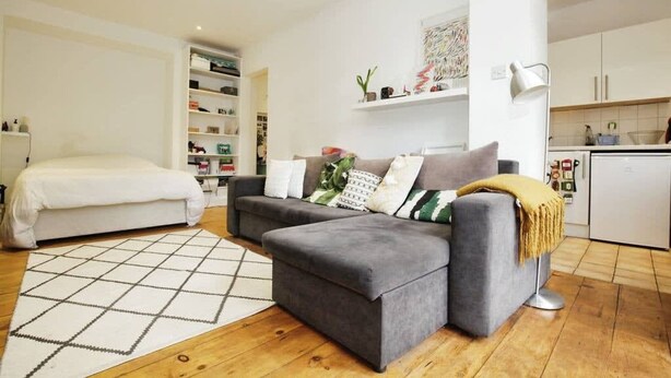 A modern living room with a sofa, a bed, a kitchen area, and a bookshelf. - Cozy Studio With Private Garden in London (London)