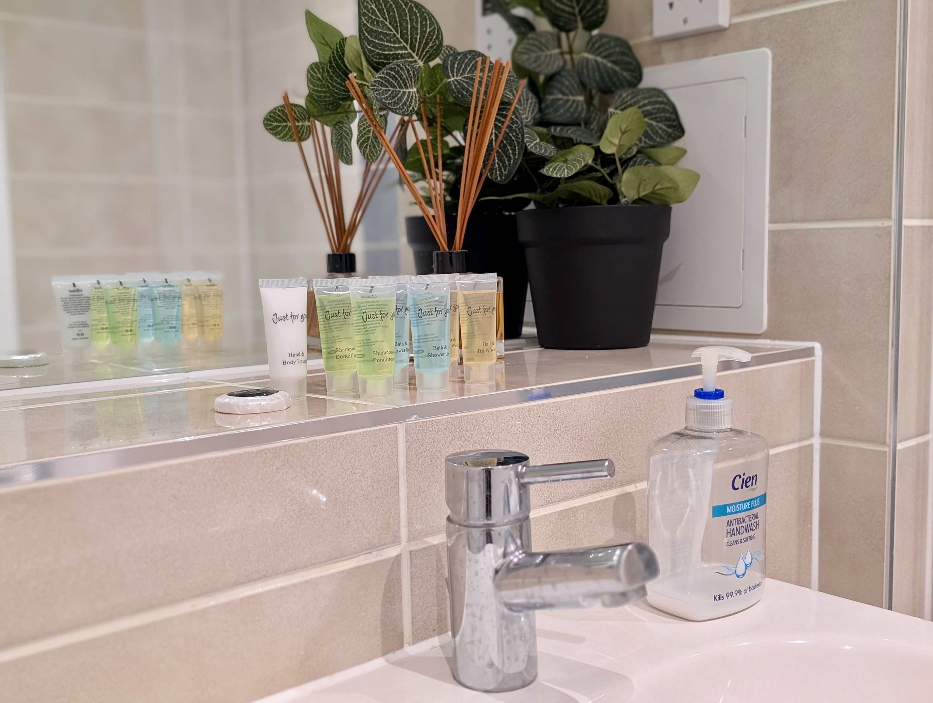 A bathroom with a sink, hand soap, and various toiletries.