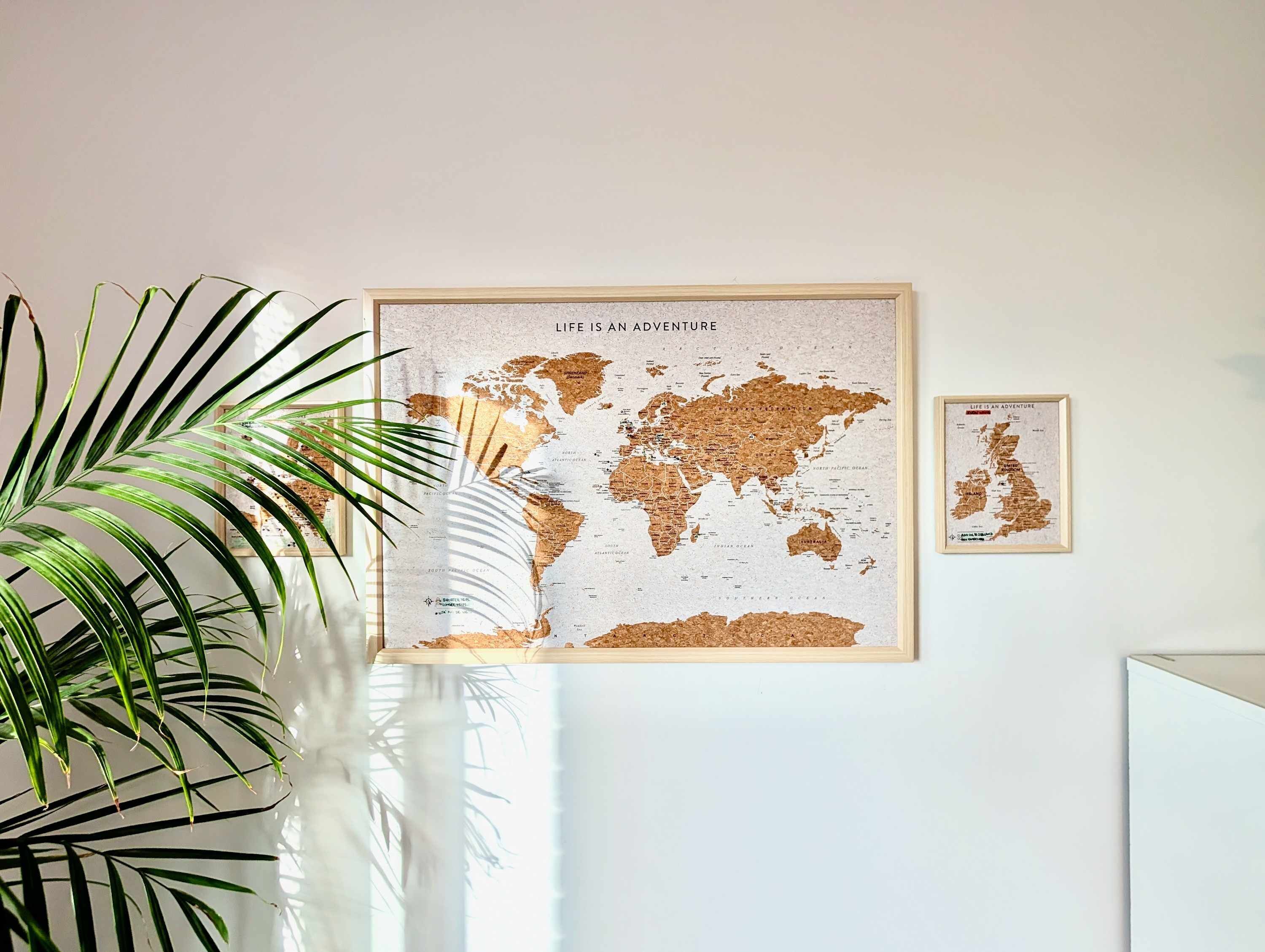 A cork world map with 'Life is an Adventure' text, a framed smaller map, and a potted plant.